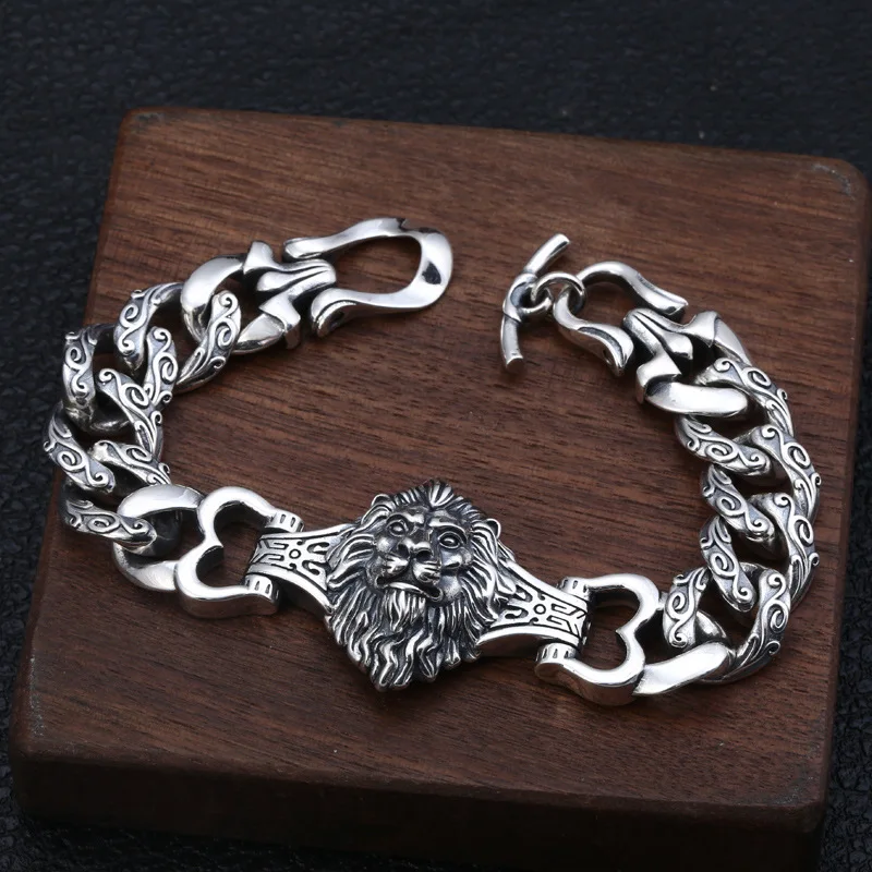 

Apinje 925 Sterling Silver Animal Bracelet Lion Personality Chain Mens Punk Bracelet Biker Men Jewelry