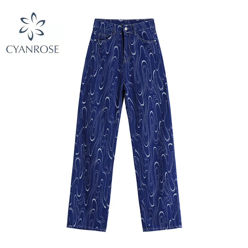 

Women's Pants Denim Geometry Jacquard Blue Y2K 2021 New Casual Retro Basic Straight Loose Jeans Fashion Trendy Ladies Trousers