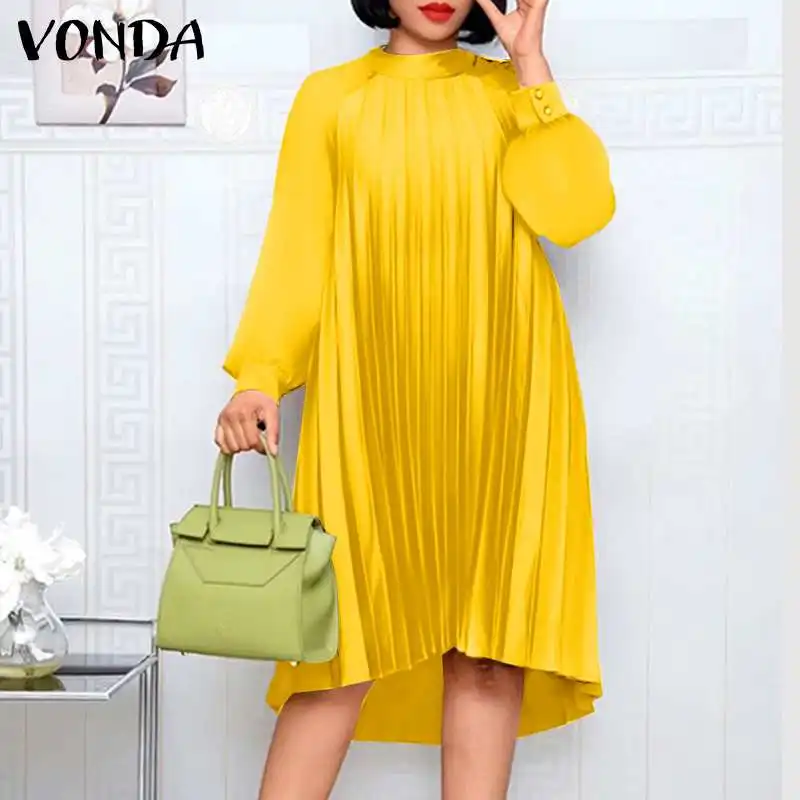 

Autumn Knee-Length Sundress VONDA Casual O Neck Solid Vestido Femme Long Sleeve Loose Baggy Hem Dresses Elegant Robes Oversized