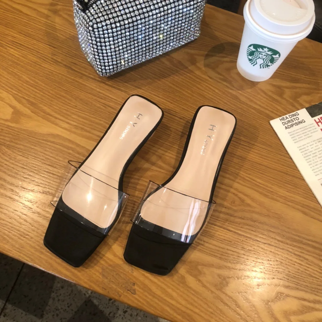 

Shoes Square heel Transparent Slippers Slides Fashion Slipers Women Low Block Soft Luxury 2021 Summer Rubber Rome Fabric Concise