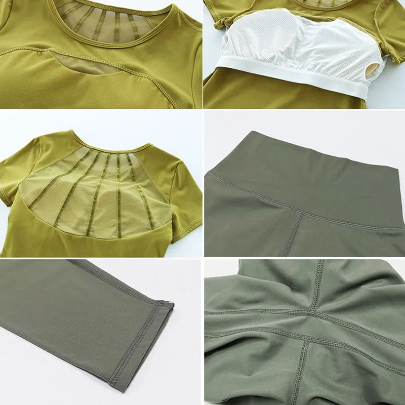 

Seamless Women Yoga Set Sports Short Sleeve High Waist Running Leggings Gym Set Women Crop Top High Waist Leggings Short Suits