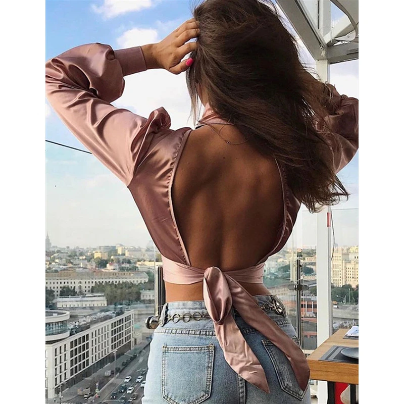 Женские атласные шелковые топы и блузки с высоким воротом длинным рукавом