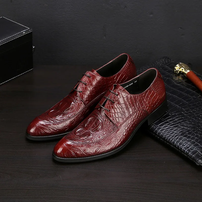 

New Arrival Retro Bullock Genuine Leather Men Business Formal Shoes Alligator Pattern Pointed Toe Men Oxford Dress Shoes Men B96
