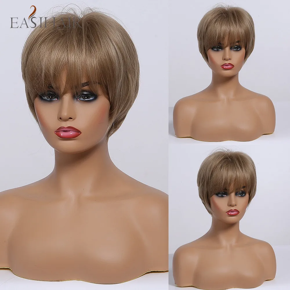 

EASIHAIR Dark Brown Short Wigs with Bangs Synthetic Hair Wigs Natural Layered Hairstyle Heat Resistant Wigs for Women Afo Americ