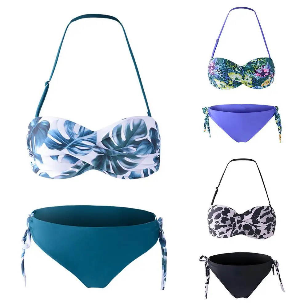 

Women's Swimming Suit 2021 Sexy Womenn Leopard Plantain Leaf Padded Bra Top Panties Swimwear Bikini Set