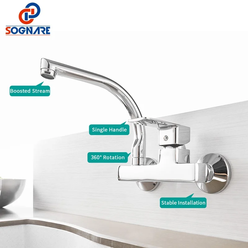 

Kitchen Sink Wall Mounted Single Handle Kitchen Faucet Dual Hole Hot and Cold Water Faucet 360 Swivel Tap Mixer robinetдля кухни