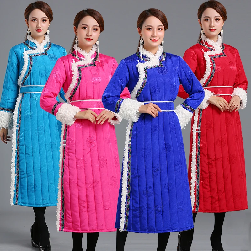 Traditional mongolian clothing Tang suit style robe Female vintage costume Ethnic pattern cheongsam elegant Asian winter Dress