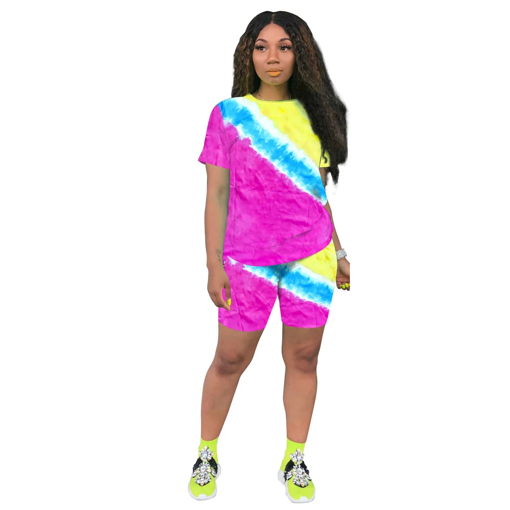 

Tie Dye Color Block Spliced Women's Tracksuit O Neck Short Sleeve T Shirt Top and Bodycon Shorts Sweat Suits 2 Pcs Matching Sets
