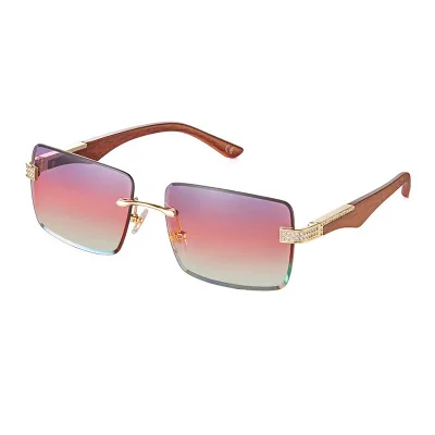 

2021 new diamond-encrusted rimless sunglasses female fashion online celebrity with INS imitation wooden box sunglasses