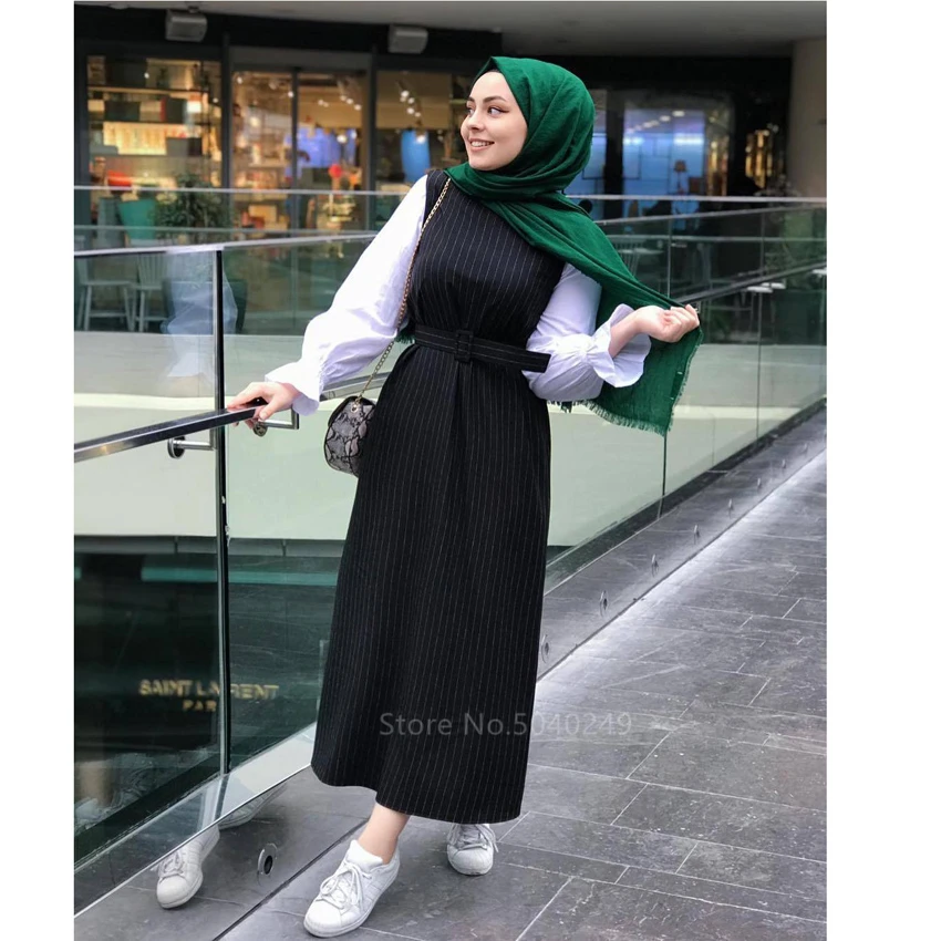 

Muslim Traditional Clothing Vestido Women Islamic Ladies Dubai Fashion Abaya Kaftan Striped Tank Top Dress Belt Set Female Robe