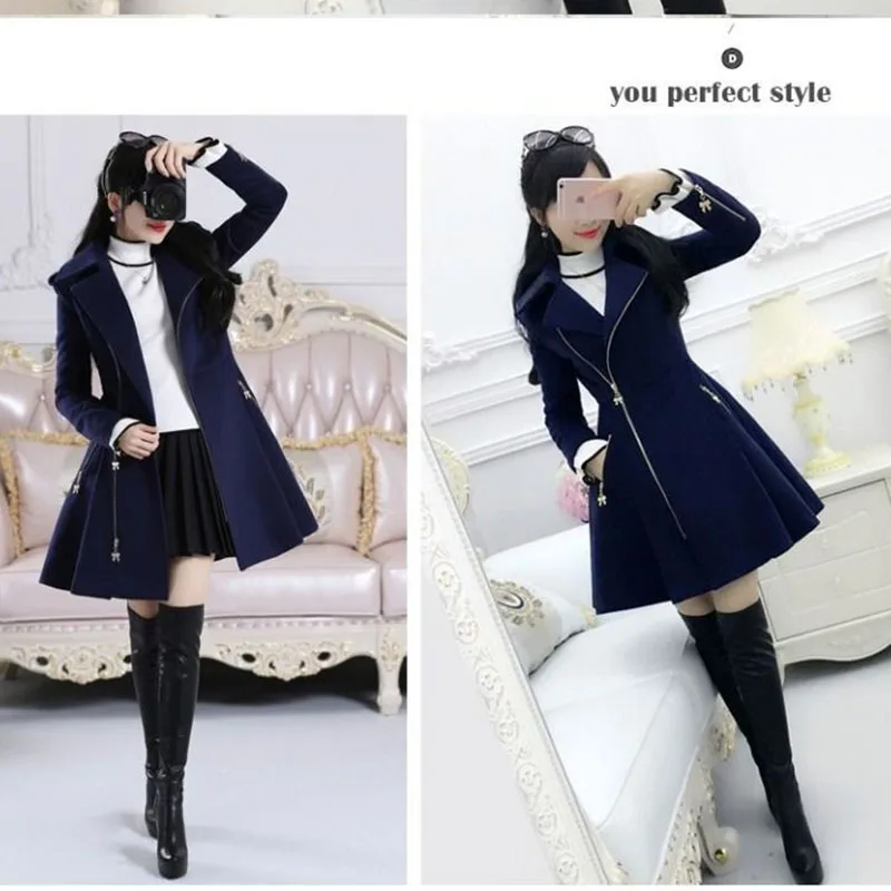 

2021 Autumn Winter Women Coats Dark Blue Lady Clothing Zipper Woolen Coat Mid-length Slim