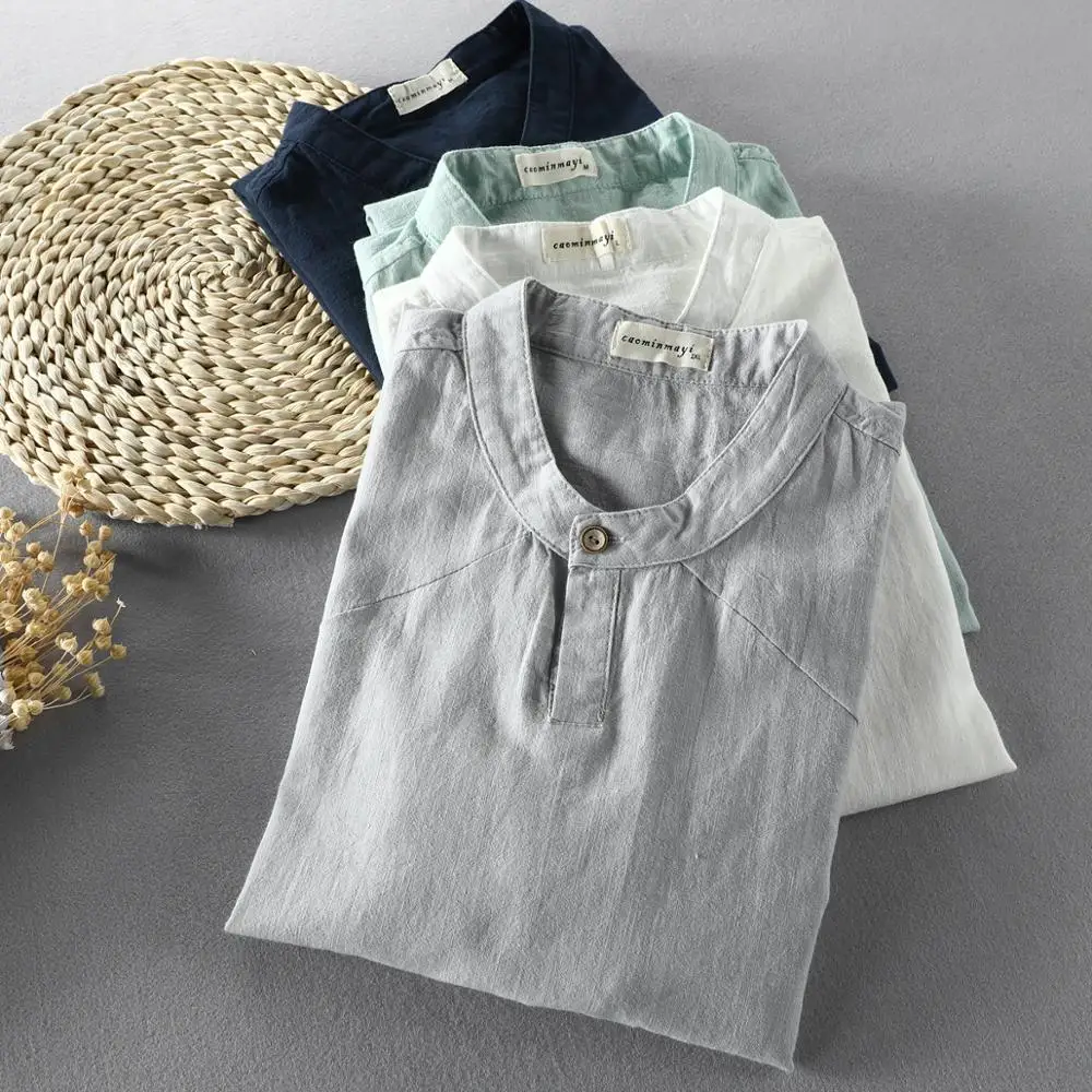 Men Summer Fashion Japan Style Solid Color Stand Collar Short Sleeve High Quality Cotton Linen Tshirt Male Casual Simple T-shirt | Мужская