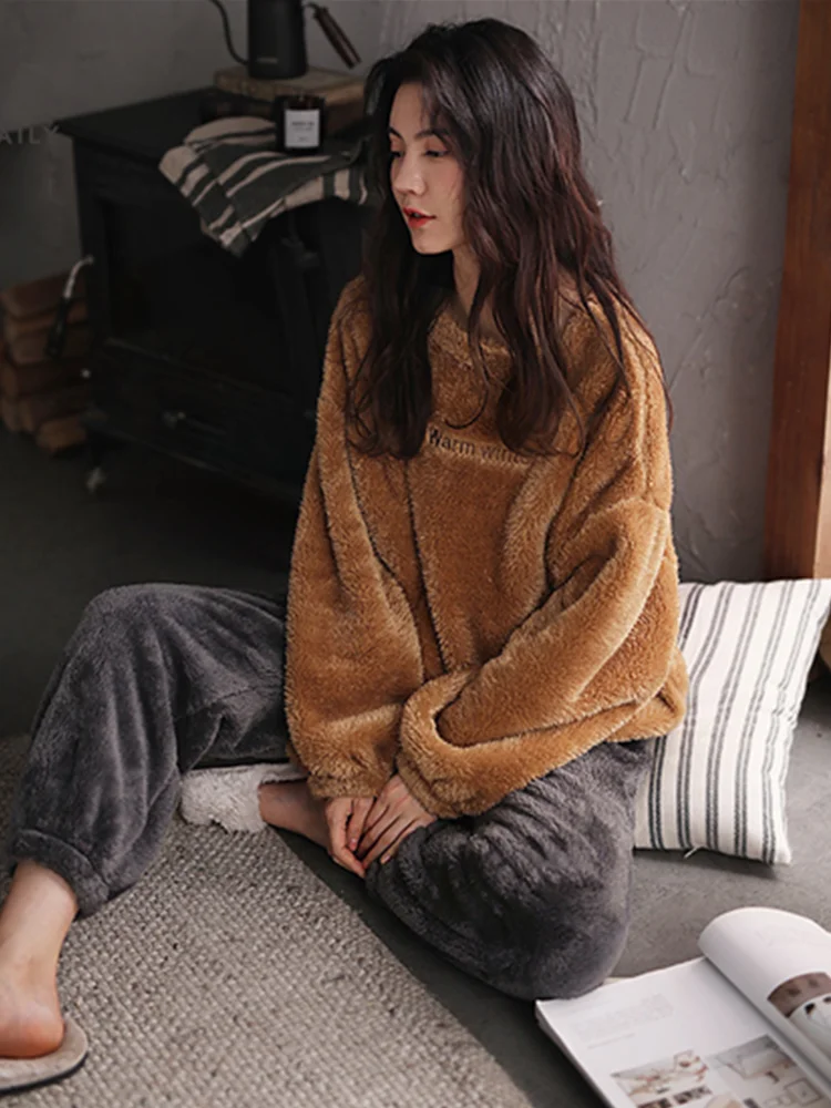 Coral Fleece Pajamas Casual Loose Fashion Worn Outside Long Sleeve Sleepwear Comfy Set Pigiama Winter Pyjamas Women DI50SY