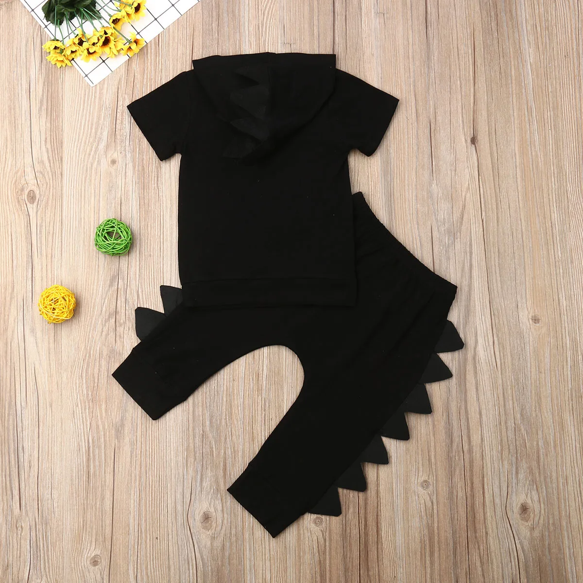 2019 Newborn Toddler Kids Baby Boy Clothes Set Summer Hooded Short Sleeve Black Solid T-shirt Tops Pants Trousers Outfit 2PCs |