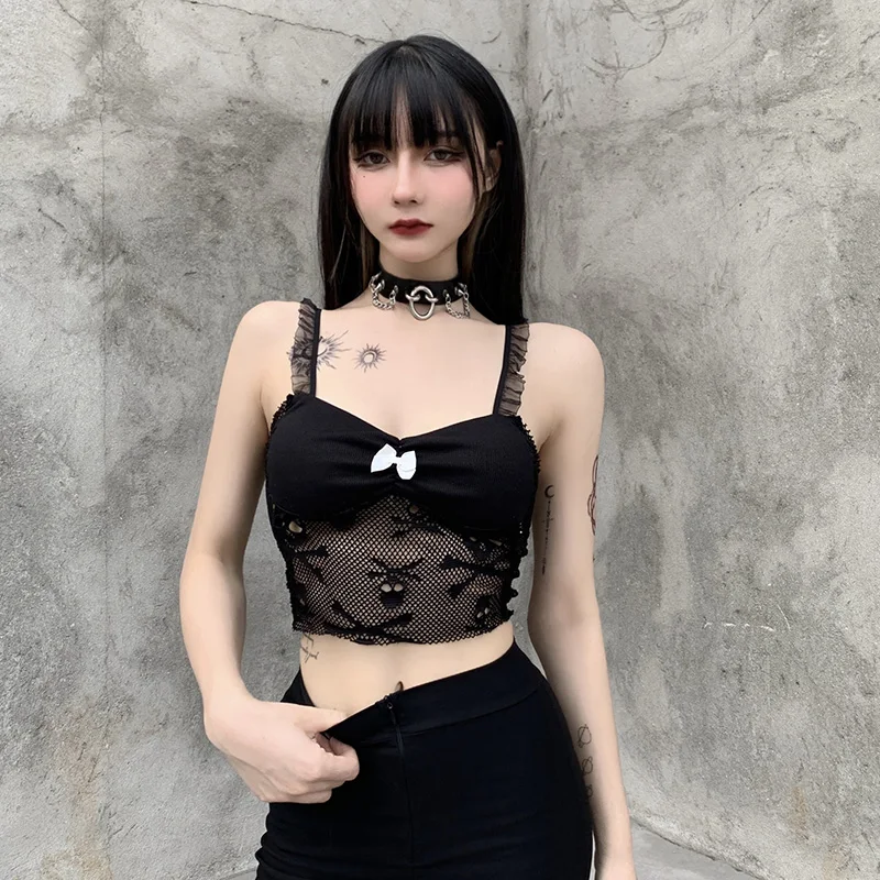 

Black Lace Sexy Corset Top Y2K Spaghetti Strap See Through Backless Crop Top Women Summer Vintage Dark Academia Goth Tops E Girl