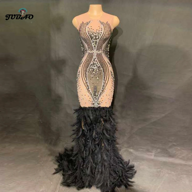 Сверкающие Стразы черное перьевое длинное платье для карнавала сексуальное