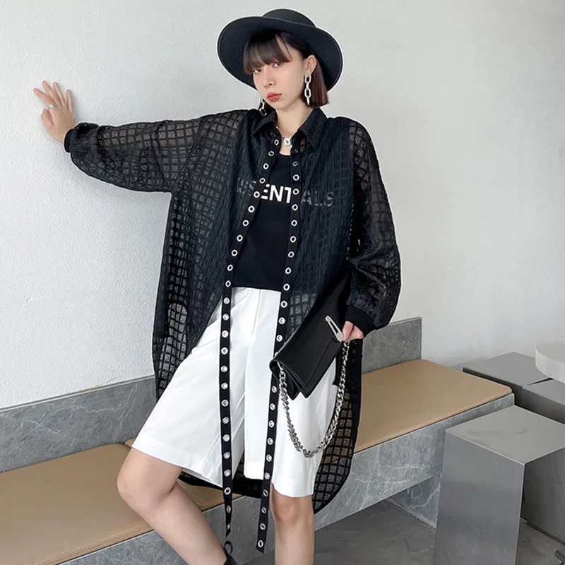 

Loose Fit Black Plaid Irregular Ribbon Big Size Jacket New Lapel Long Sleeve Women Coat Fashion Spring Summer 2021 E937