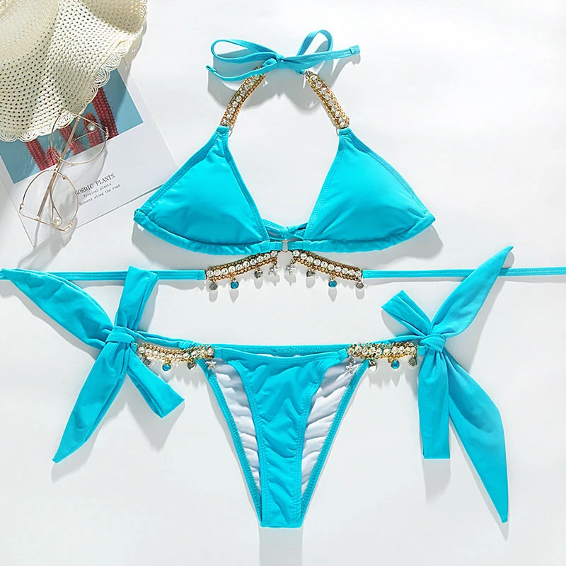 

Crystal shimmer bikini set 2020 Sexy push up swimsuit women swimwear Tie up halter biquinis Metal bathing suit swim suit bathers