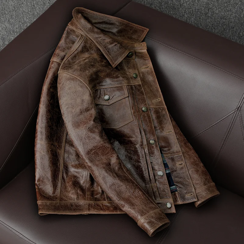 

JCHB 2021 Vintage Genuine Leather Jacket Men Short Real Cowhide Coat Plus Size Male Jackets 5xl Spring Autumn Hommes Veste Pph3