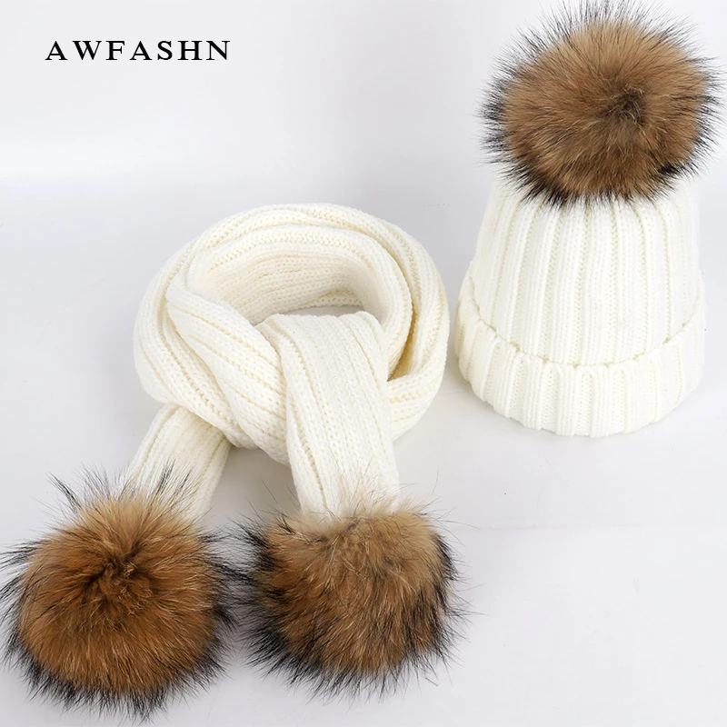 2019 Модные женские помпон из меха енота вязаные шапочки наборы шарф шапка