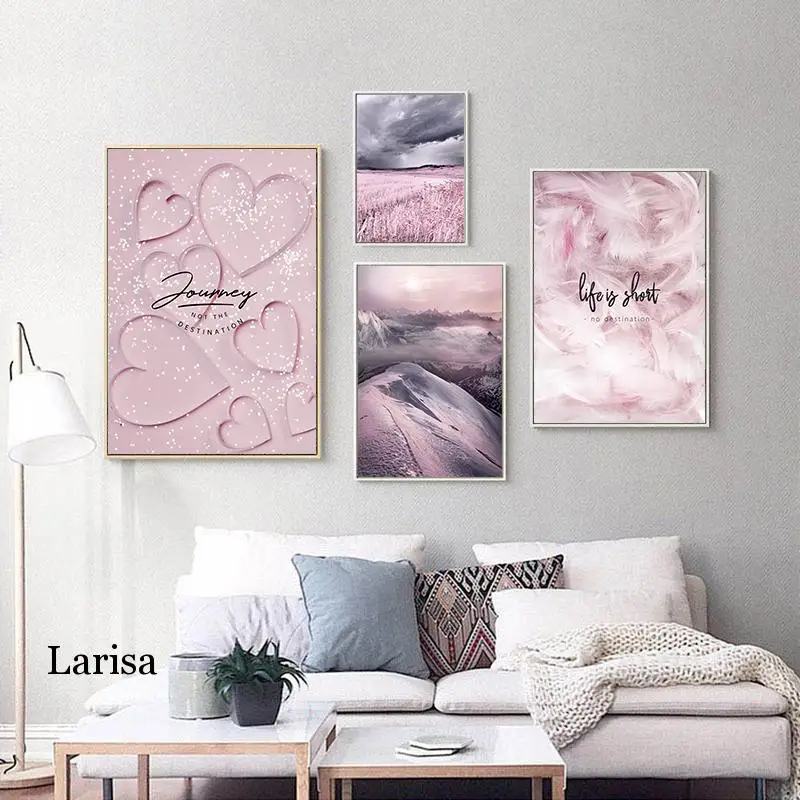

Nordic Pink Purple Landscape Poster Snow Mountain Feather Field Canvas Painting Beautiful Home Wall Art Decoration Picture