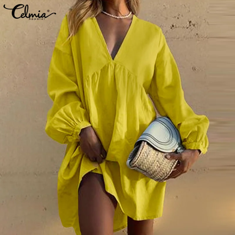 

Сексуальное женское однотонное короткое платье Celmia из 2022 хлопка с глубоким V-образным вырезом и длинными пышными рукавами, повседневные пли...