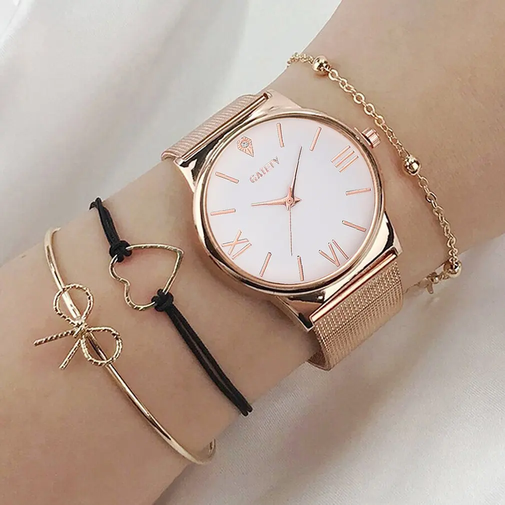 

New Arrival Fashion Brand 4pcs/Set Dress Women Rose Gold Watches Luxury Ladies Wrist Watch Female Quartz Clock Bracelet