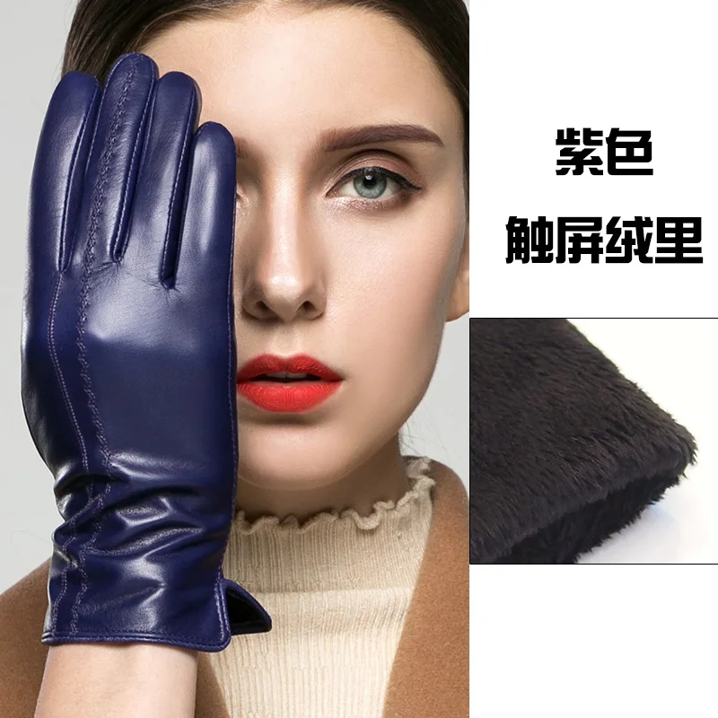 purple velvet touch Перчатки из натуральной кожи женские зимние тачскрин могут быть дополнительно бархатные утепленные высококачественные кожаные женские перчатки из козьей кожи K33 - Цвет: purple velvet touch