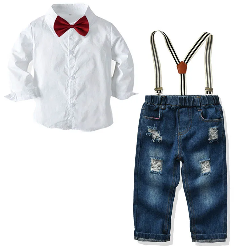 Детский Повседневный Костюм Джентльмена белая рубашка и джинсы на ремешках |