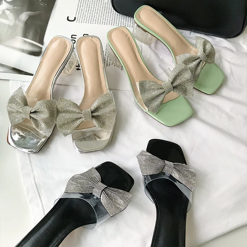 

ESVEVA 2021 Crystal Elegant Summer Women Shoes Slingback Sandals Transparent Square Heel Slip On Female Slides Size 34-40