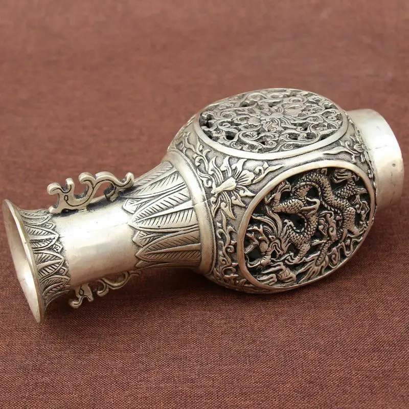 Антикварная медная Серебряная декоративная фурнитура ваза с драконами и