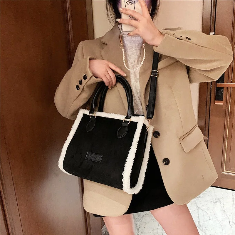 Fashion Faux Suede Lambswool Splice Totes Bags for Women Big Capacity Lamb Wool woman handbag Soft Plush Edge Shoulder Bag |