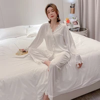 2021 new ice silk pajamas sets womens cardigan long sleeve 2pcs suit nightwear palace style thin lace home wear sleep tops