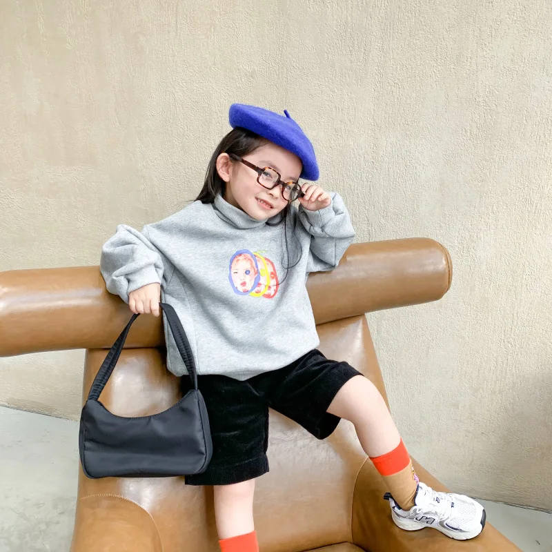 2021 Fall Winter Plus Velvet Kids Baby Girls Sweater Warm Keep High Collar Tops Fashion Print T shirt Children Clothes | Детская одежда