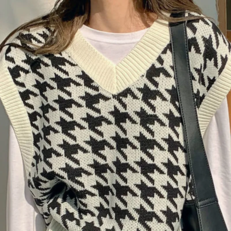

Sweater Vest Women Patchwork Vintage Simple V-neck Loose Knitted Sweaters Spring Female Retro All-match Fashion Cute Ulzzang New