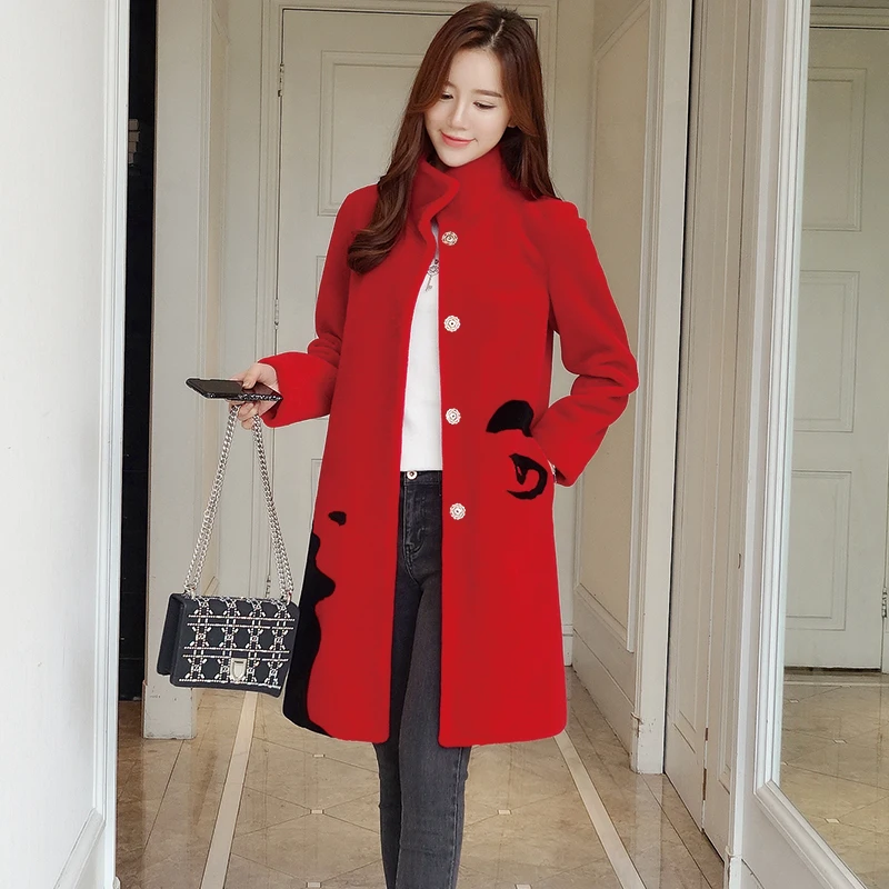 Женское шерстяное пальто с овчиной винтажное из овчины в Корейском стиле верхняя