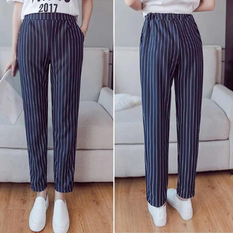 

Pop Women Spring Harem Pants Striped Elastic Middle Waist Slim Fit Loose Female Trousers Pop 88