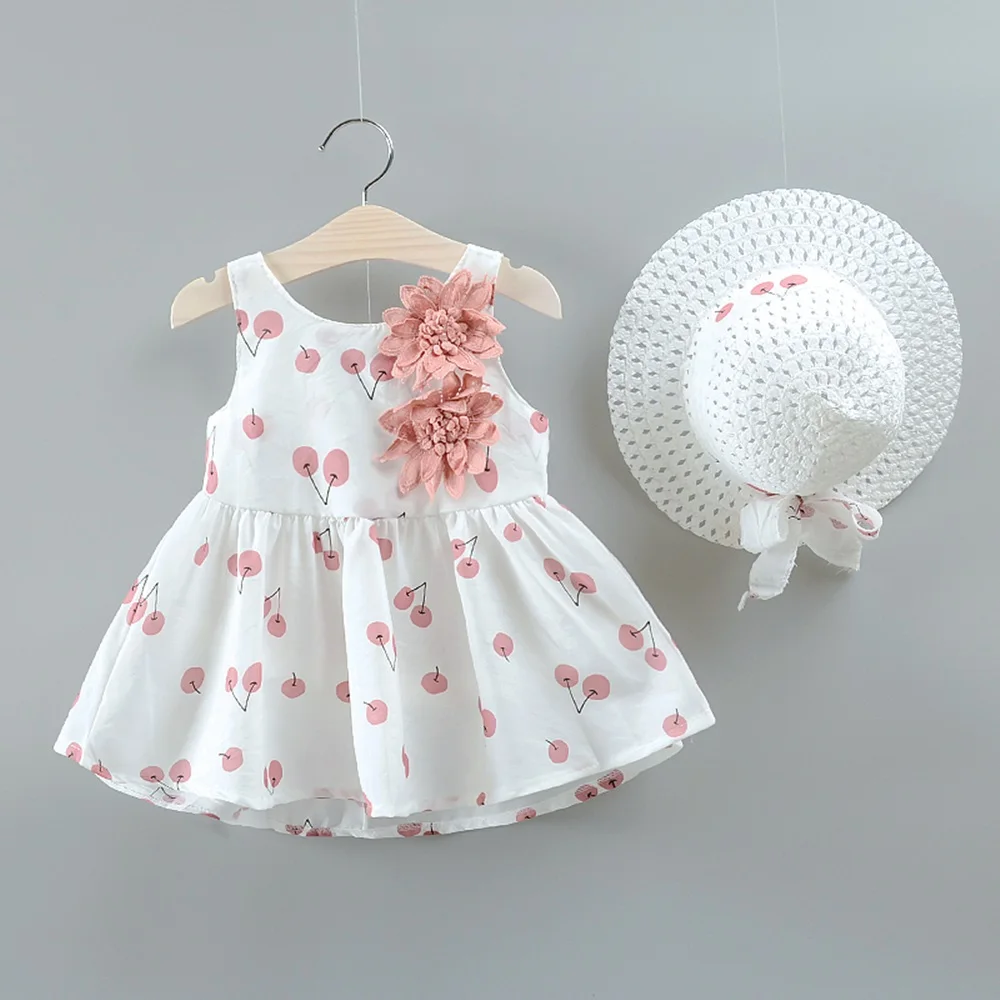2019 New Baby Girl Clothes Dress+Hat Beach Dot Floral Cherry Summer Cotton Princess Clothing Children Kids Dresses | Детская одежда и