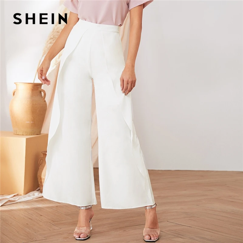 SHEIN белые Однотонные эластичные талии повседневные свободные длинные брюки женские брюки осенние широкие брюки с воланами для офисных дам