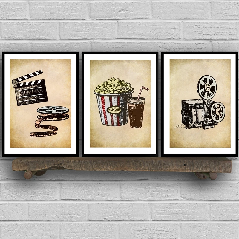 

Movie Theater Vintage Art Canvas Posters Painting Wall Picture Popcorn Film Clapper Print Home Cinema Retro Decoration