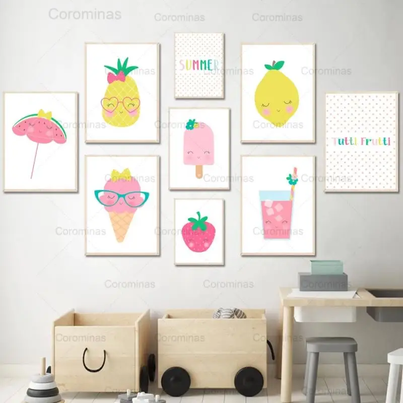 

Wall Art Canvas Painting Pineapple Strawberry Lemon Ice Cream Beverage Nordic Posters and Prints Wall Pictures Kids Room Decor