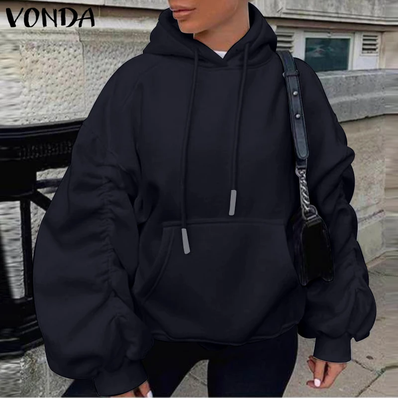 

Black Sweatshirts 2021 VONDA Autumn Long Sleeve Women Solid Baggy Hooded Sweatshirts Hoodies Streetwears Femininas Elegant Blusa