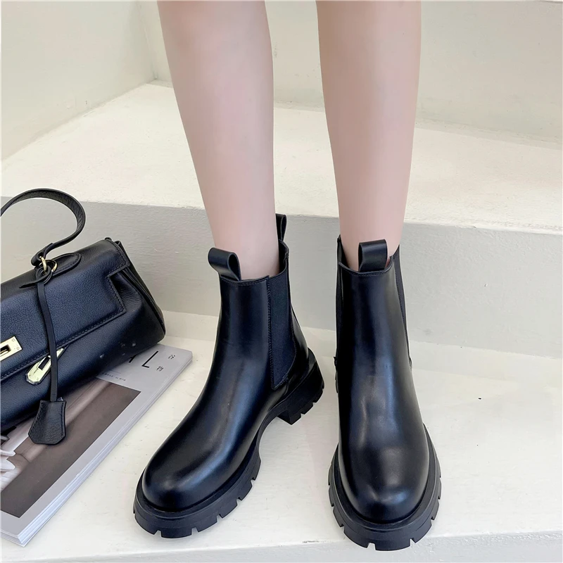 2022 New Fashion Ankle Boots Women Boots Black Real Leather Chelsea Boots Platform Flat Knight Women Casual Boots Botas Mujer