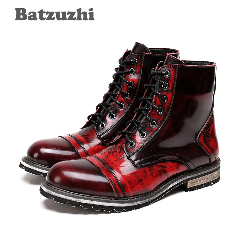 

Batzuzhi 2017 Autumn Winter Men's Boots Wine Red Mid-Calf Leather Boots Men British Leather High Boots for Men Zapatos Hombre