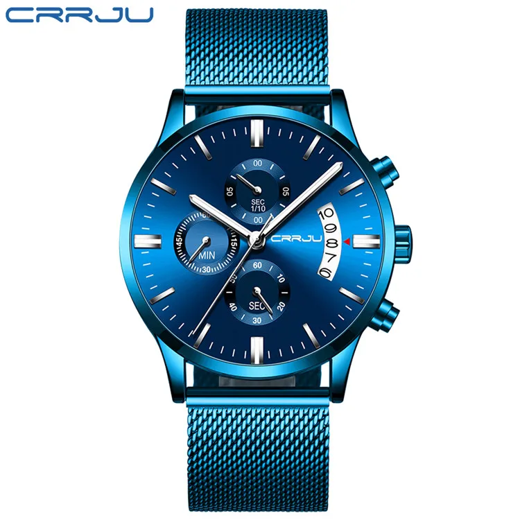 blue Silver Relogio Masculino новые CRRJU модные мужские часы Роскошные Топ брендовые деловые синие кварцевые часы мужские повседневные водонепроницаемые крутые часы - Цвет: blue Silver