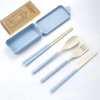 portable foldable cutlery set wheat straw tableware outdoor camping dinnerware kids dinner set with mini box kitchen utensils