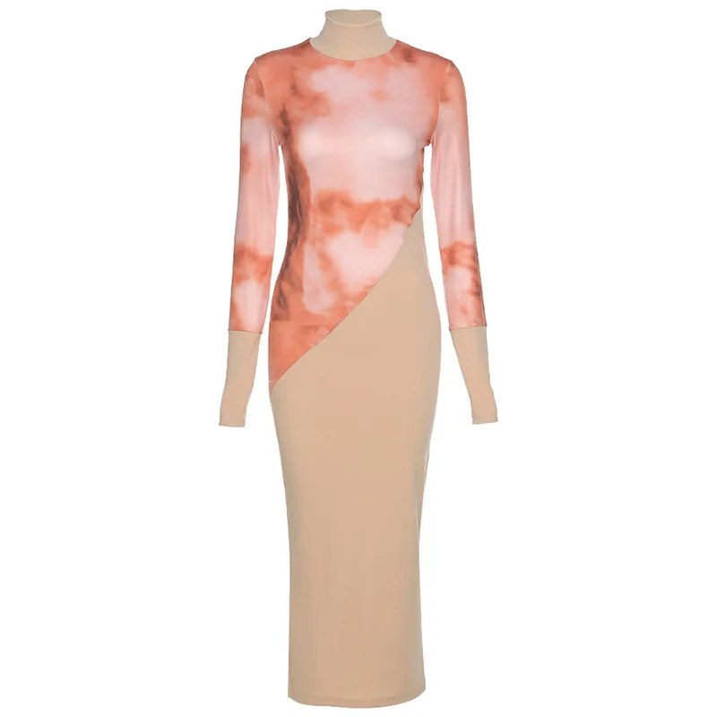 

Print See Through Sexy Bodycon Midi Dress Women 2020 Turtleneck Party Clubwear Patchwork Slim Female Dresses Outfit Clothing