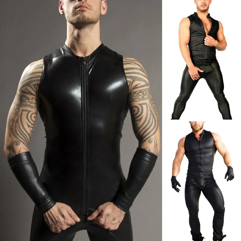 

Nice Pop Vogue Men Tee Clubwear Stage Leather Male Tops Punk Zipper Sleeveless Fashion Balck Tee