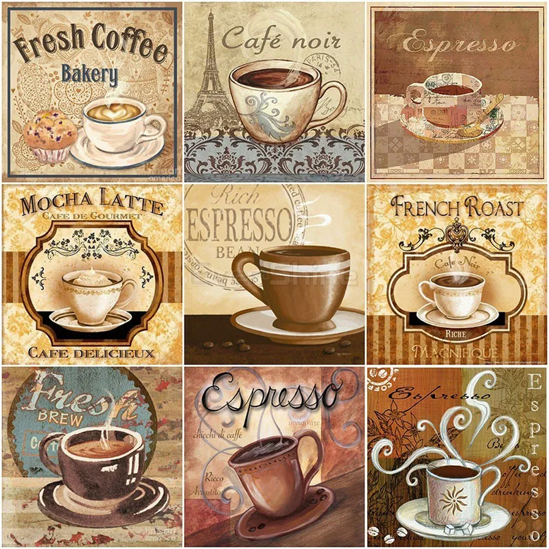 

5D Diamond Painting Full Drill Coffee Round Square Diamond Embroidery Picture of Rhinestones Mosaic Cafe Kitchen Wall Decor