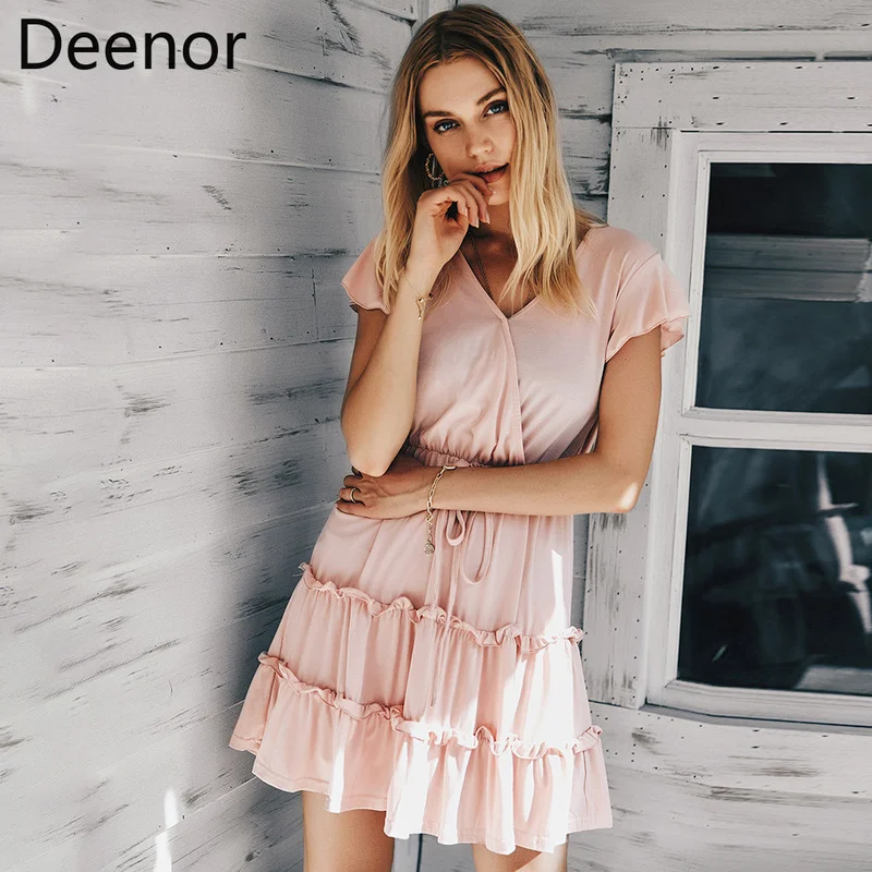 

Deenor 2021 Women Summer Dress Sexy Short Sleeve V Neck Pink Bandage Casual Beach Party Mini Dress Ruffle Vestidos Clothing